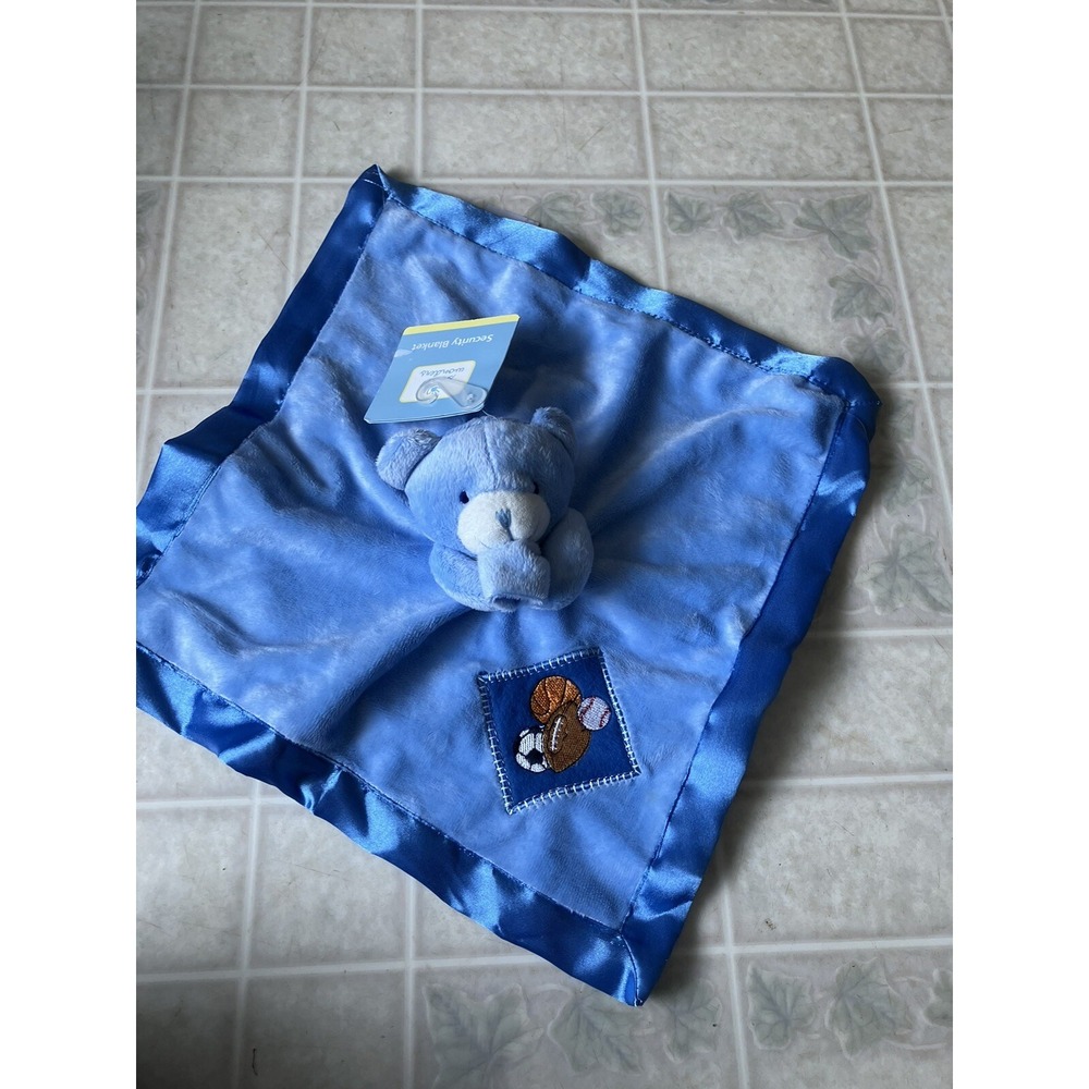 Small Wonders Blue Bear Sports/Balls Security Blanket/Lovey Satin Edged‎